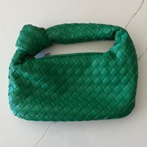 Green Woven Top Handle Handbag Silver Hardware
